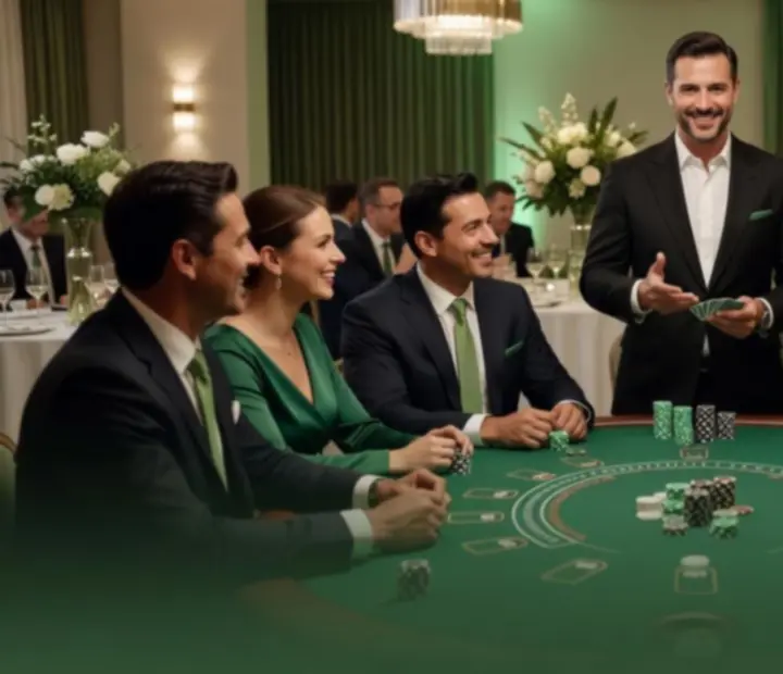 Elegantní večerní event s blackjackovým stolem a hosty