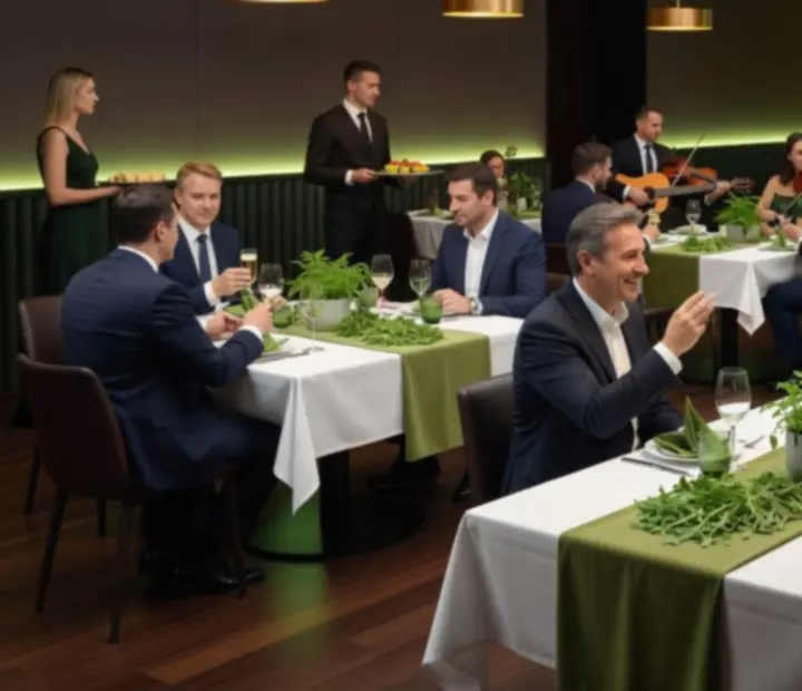 Elegantní společenský večer s hosty u stolů a náladovým osvětlením