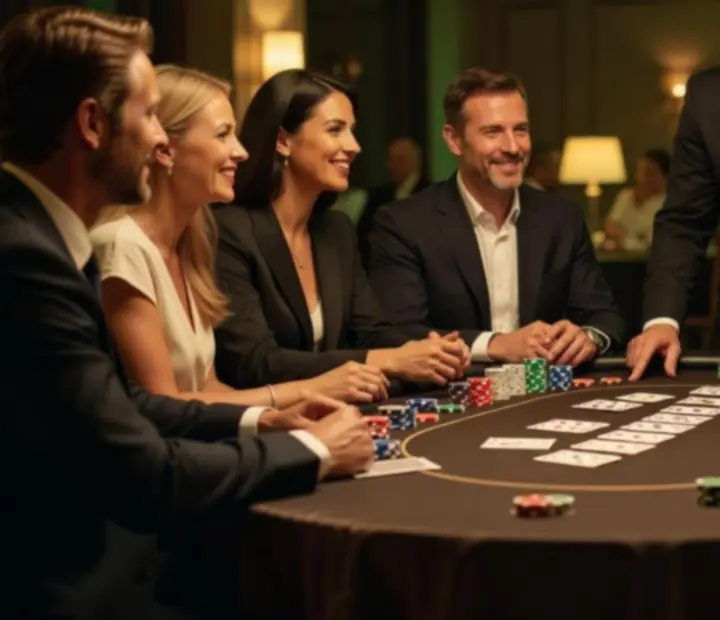 Pokerový stůl s žetony, kartami a hosty během večerní akce