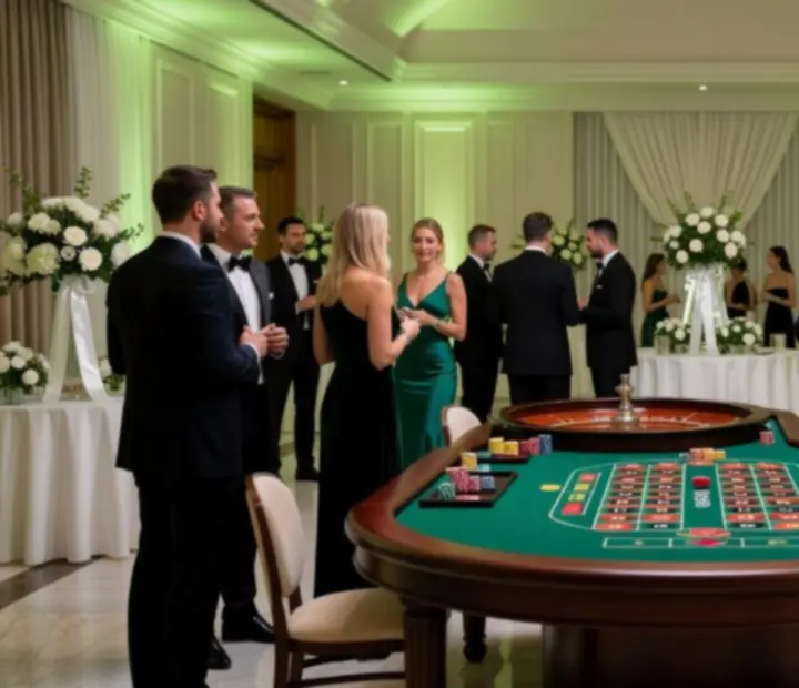 Elegantní večerní event s hosty u ruletového stolu